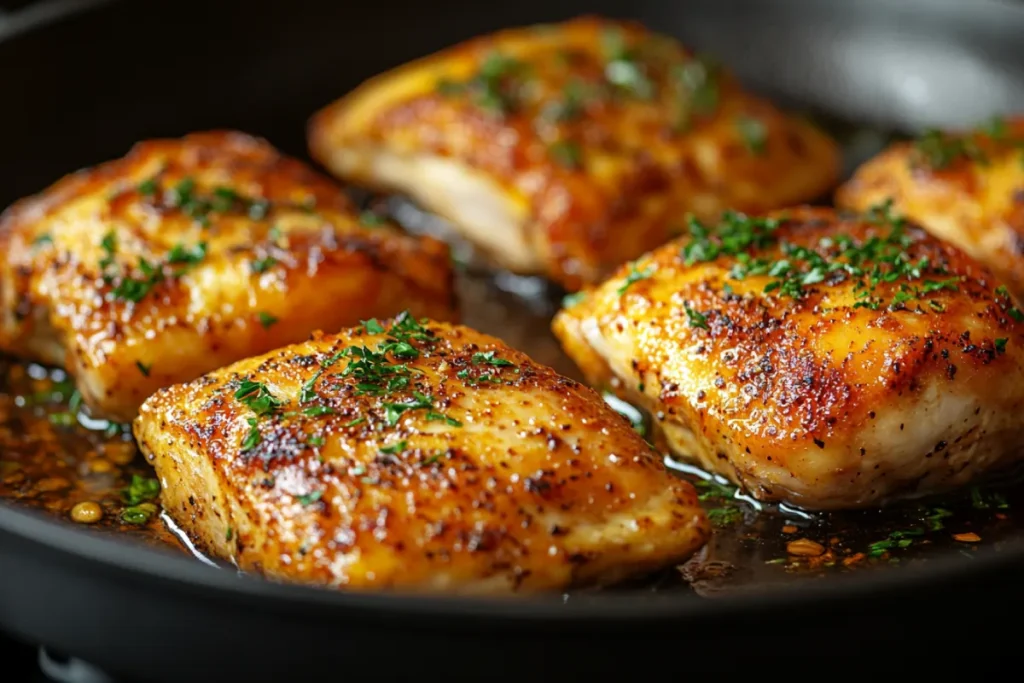 Chicken being browned in a skillet, showcasing the Maillard reaction and the rich, golden-brown crust. The image highlights the impact of browning chicken before adding it to the slow cooker, emphasizing the flavor and texture benefits of this step as the chicken is transferred to the slow cooker for further cooking.