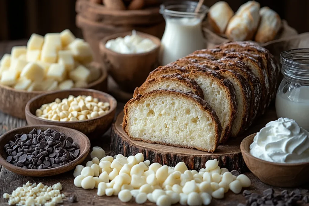 "A rustic kitchen scene displaying ingredient substitutions to reduce carbs in white chocolate bread pudding, including keto-friendly bread, sugar-free white chocolate, low-carb sweeteners, unsweetened almond milk, heavy cream, and a plate of the finished dessert with sugar-free toppings.