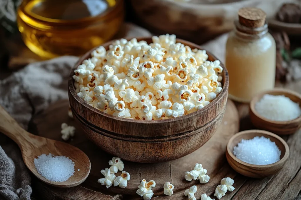 Flat lay image of essential ingredients and tools for a kettle corn recipe, including high-quality popcorn kernels, granulated sugar, fine sea salt, a bottle of neutral oil, a large pot with a lid, a wooden spoon, measuring cups, and a baking sheet, arranged on a rustic wooden table.