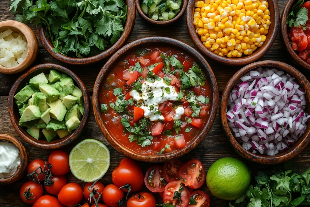 A vibrant tortilla soup showcasing key ingredients like toasted corn tortillas, pasilla and guajillo chiles, tomatoes, onions, avocado, lime, and queso fresco, reflecting the cultural significance of tortilla soup in Mexican cuisine. The image highlights the bold flavors and textures of the soup, with a backdrop symbolizing Mexico's agricultural heritage and regional variations in the dish.