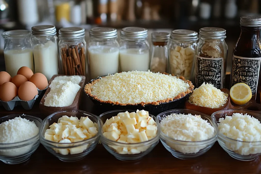 An assortment of ingredients for buttermilk pie recipe laid out on a rustic kitchen counter: full-fat buttermilk, granulated sugar, eggs, unsalted butter, vanilla extract, all-purpose flour, salt, lemon zest, spices like cinnamon and nutmeg, shredded coconut, almond extract, and a homemade buttery pie crust. The ingredients are neatly organized in bowls and containers, with a warm kitchen ambiance in the background.