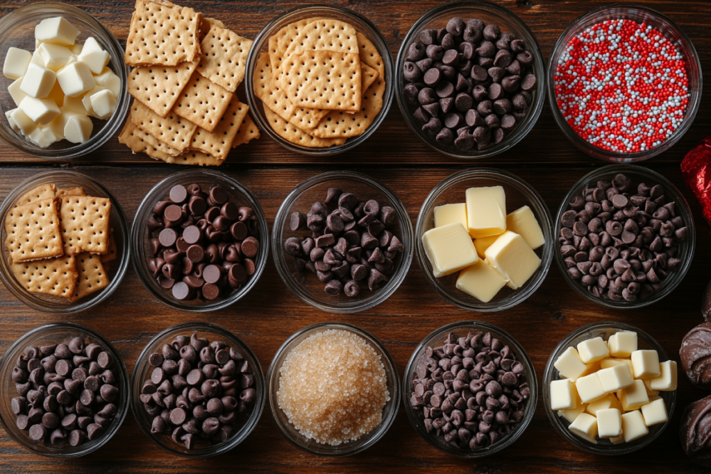 Ingredients for Christmas Crack Cookies laid out on a wooden counter.