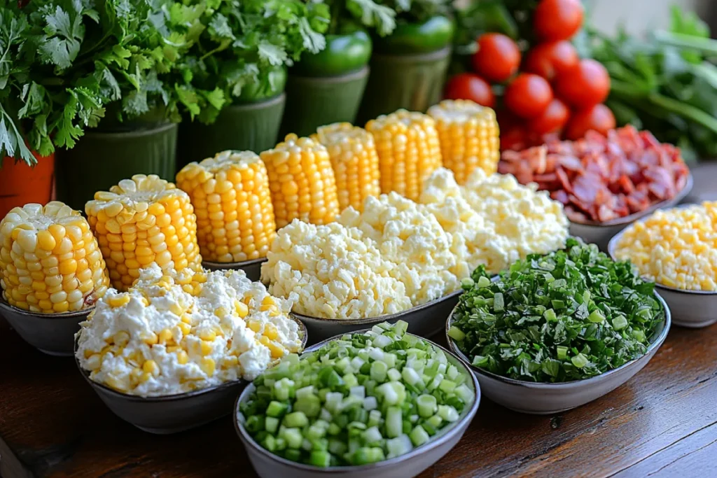 Ingredients for corn dip with cream cheese, including fresh corn, cream cheese, mayonnaise, shredded cheddar and Monterey Jack cheese, garlic powder, onion powder, green onions, and optional add-ins like jalapeños, bacon bits, cilantro, diced tomatoes, hot sauce, and cayenne pepper.