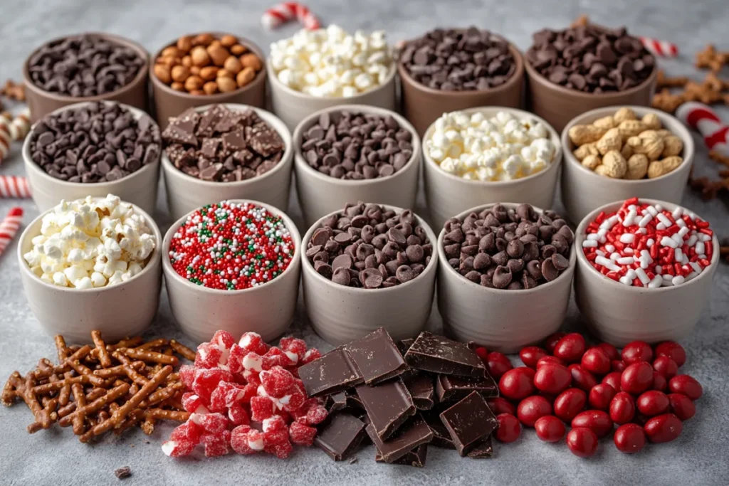 Close-up view of the core ingredients for Crockpot Christmas Crack, including almond bark, salted peanuts, chocolate chips, peanut butter, and holiday sprinkles. Variations like pretzels, popcorn, crushed candy canes, and M&M’s are also shown, highlighting the ingredients used in making Crockpot Christmas Crack with Almond Bark.