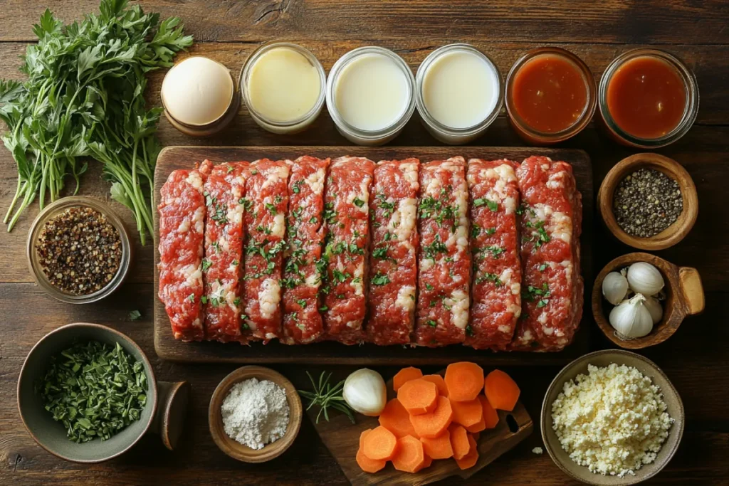 Flat lay of Lipton Onion Soup Meatloaf ingredients, featuring ground beef, Lipton Onion Soup mix, eggs, breadcrumbs, milk, ketchup, and optional add-ins like chopped vegetables, cheese, and herbs, arranged on a rustic wooden table with warm, inviting lighting.