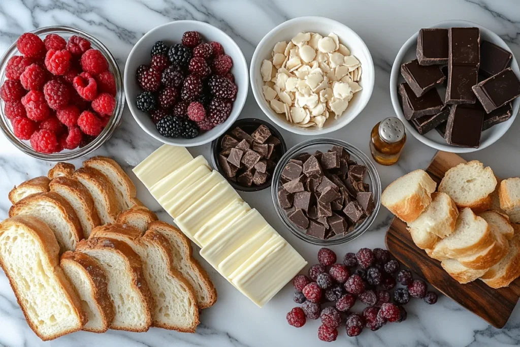 Ingredients for white chocolate bread pudding displayed, including slices of brioche, challah, and French bread, along with high-quality white chocolate, vanilla extract, cinnamon, nutmeg, fresh berries, dried cranberries, and a splash of amaretto or bourbon, all arranged beautifully in a rustic kitchen setting.