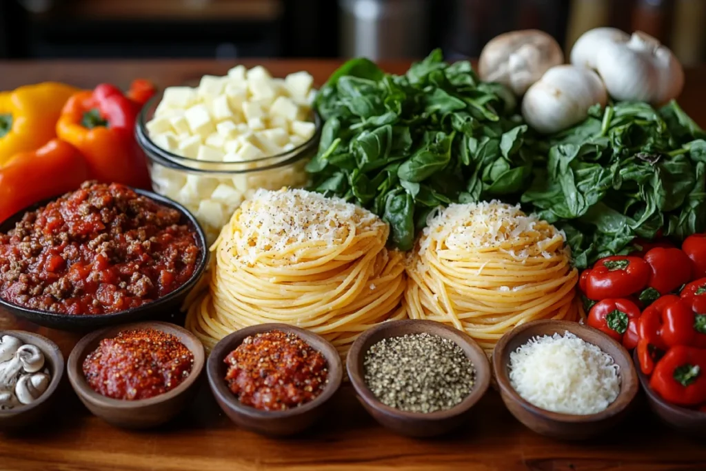 Ingredients for a spaghetti casserole recipe arranged on a kitchen countertop, including spaghetti, ground meat, marinara sauce, mozzarella, Parmesan, provolone cheese, onions, garlic, Italian seasoning, red pepper flakes, and fresh vegetables like bell peppers, mushrooms, zucchini, and spinach.