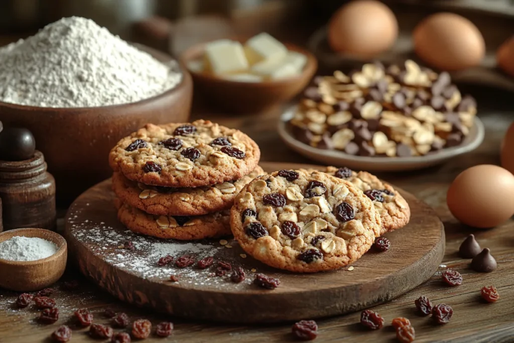 A visually appealing display of common ingredients in oatmeal cookies, including oats, flour, sugar, butter, eggs, raisins, and chocolate chips, with a freshly baked oatmeal cookie on a plate. Learn how these ingredients influence blood sugar levels: Do Oatmeal Cookies Raise Blood Sugar?