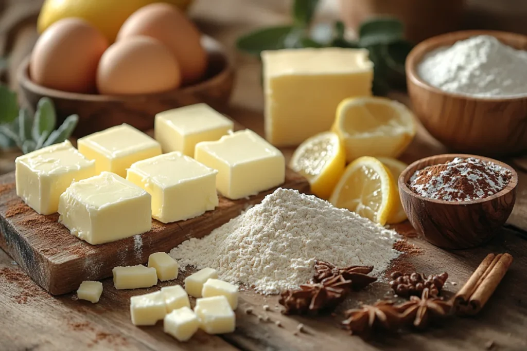 Ingredients of buttermilk pie including buttermilk, sugar, eggs, flour, butter, vanilla extract, lemon zest, and nutmeg, showing the essential elements of what buttermilk pie is made of.