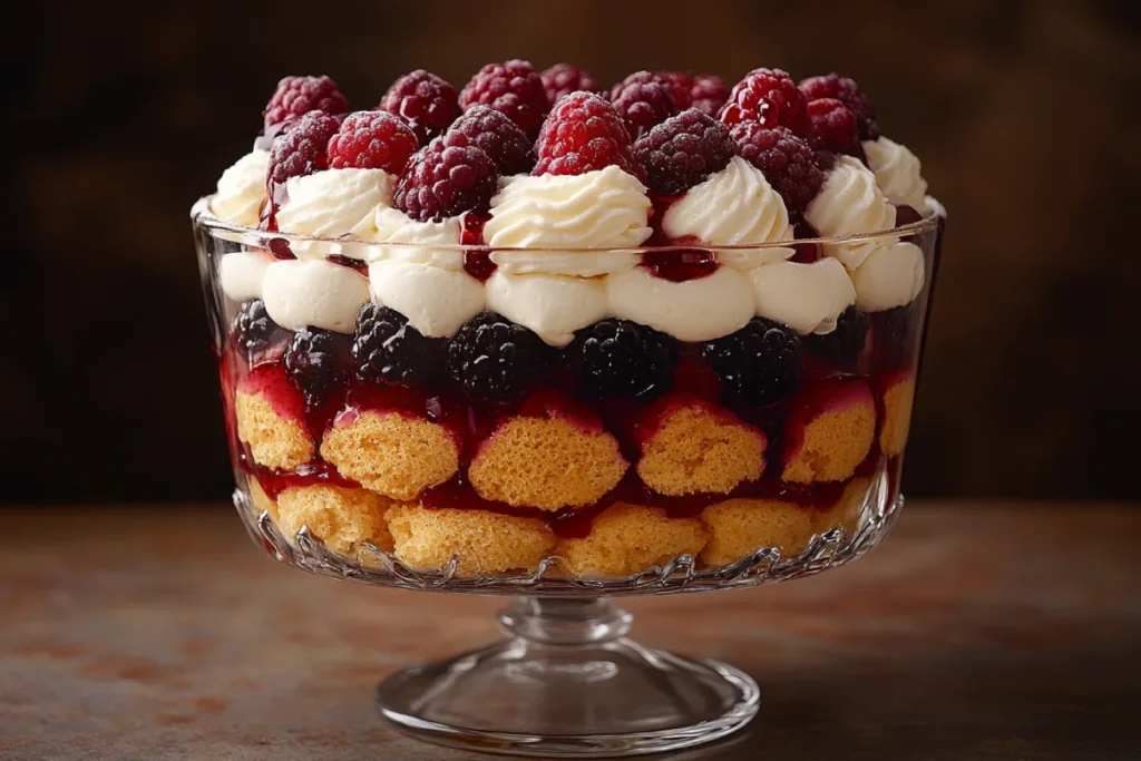 Image of a beautifully layered trifle dessert, featuring sponge cake, fruit, custard, and whipped cream, illustrating the question: Is It Better to Make a Trifle the Night Before?