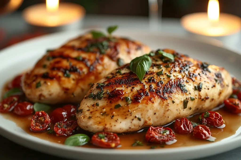 Romantic dinner setting featuring Marry Me Chicken with golden seared chicken, sun-dried tomatoes, fresh basil, and wine, illustrating Why is it Called Marry Me Chicken.