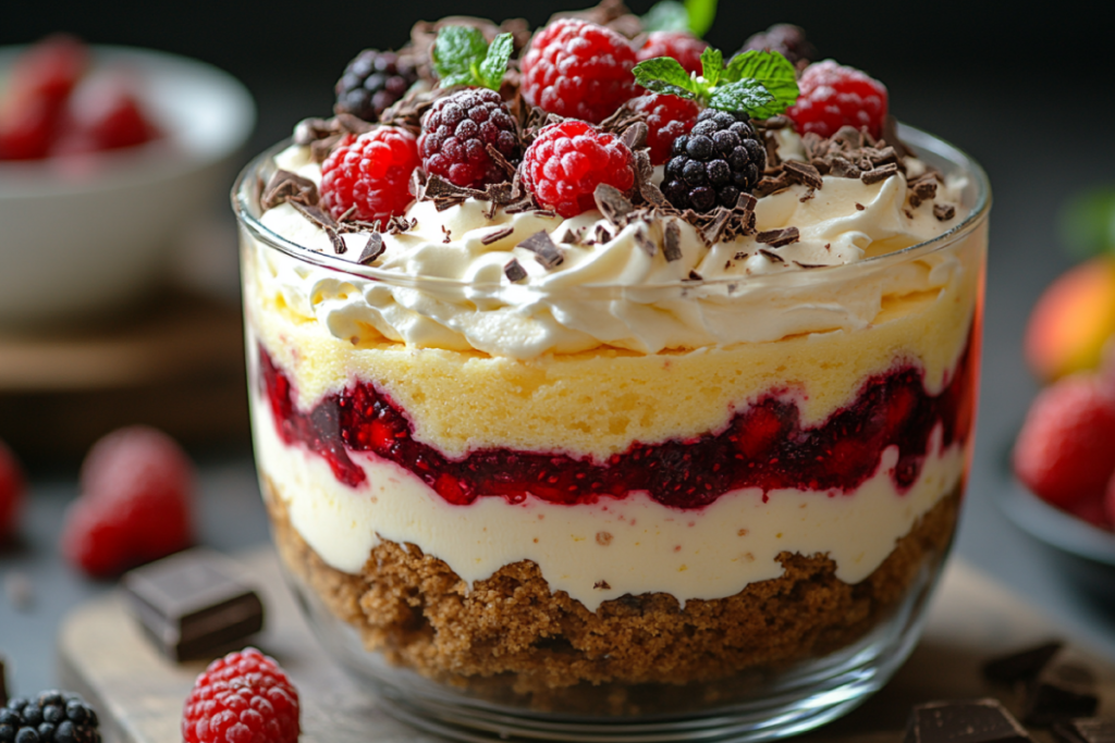 Layered trifle dessert with sponge cake, fruit, custard, and whipped cream, showcasing why it is better to make a trifle the night before.