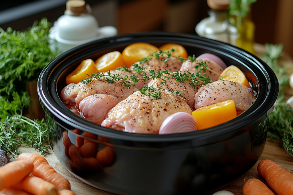 Is it safe to put raw chicken in a slow cooker? Raw chicken in a modern slow cooker with fresh vegetables on a kitchen countertop.