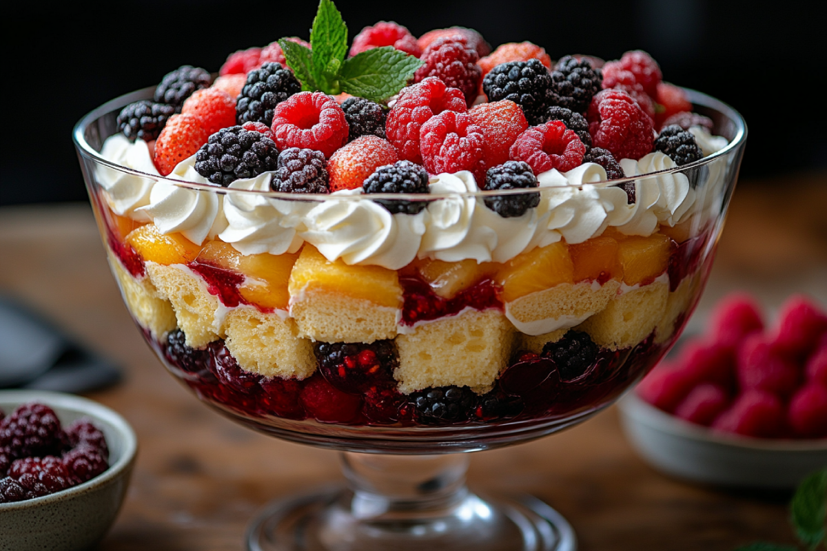 Layered trifle dessert with fruits, custard, sponge cake, and whipped cream, showcasing why trifle isn’t only for Christmas.