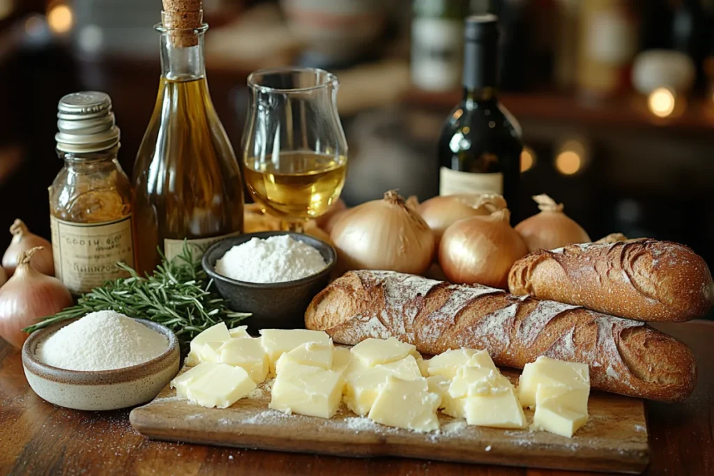 Ingredients for Julia Child's Favorite French Onion Soup, including sliced yellow onions, butter, olive oil, salt, sugar, flour, beef stock, white wine, toasted baguette slices, and grated Gruyère cheese, arranged on a rustic kitchen countertop.