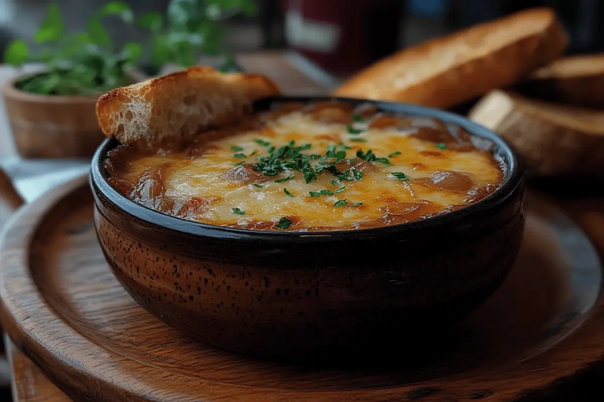 Julia Child’s favorite soup, French Onion Soup, served in a rustic bowl with melted cheese, caramelized onions, and a toasted baguette on a wooden table.