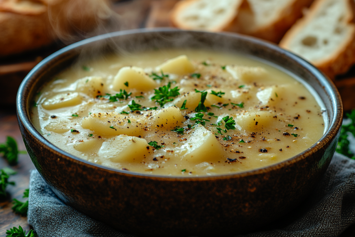 Fresh bowl of potato soup with firm potato chunks, creamy broth, and garnish, illustrating how to keep potatoes from getting mushy in potato soup.