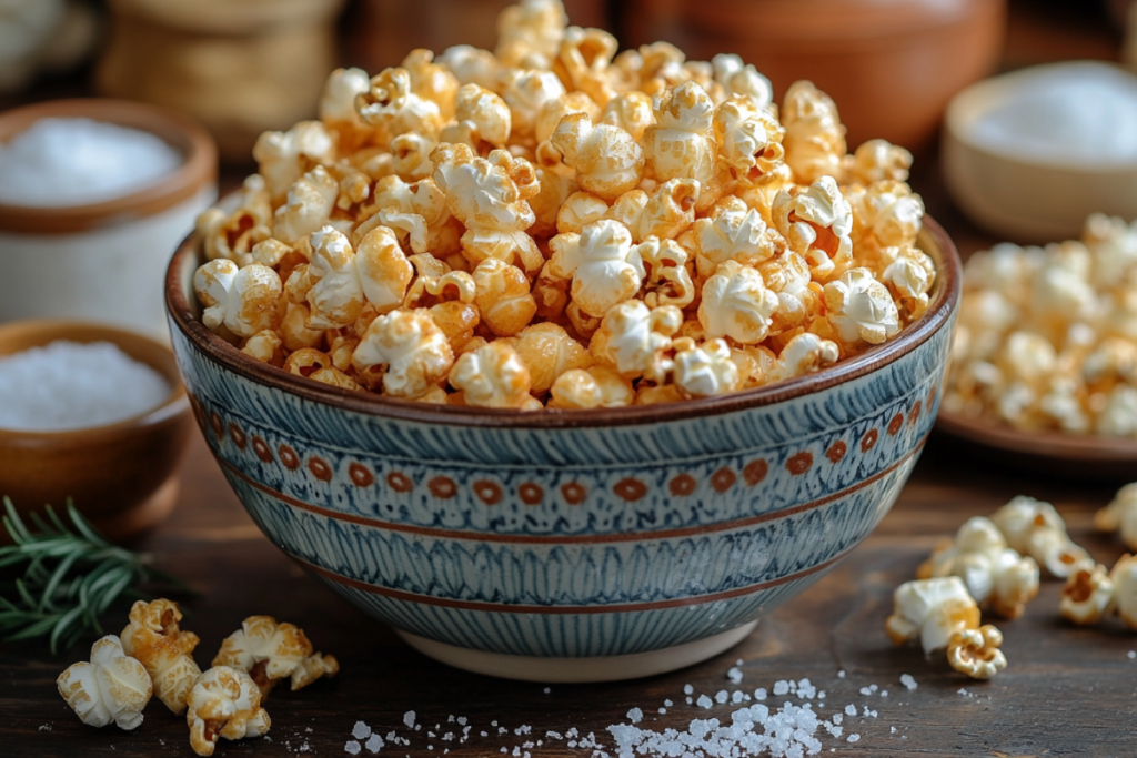 Freshly made kettle corn in a bowl with golden caramelized popcorn, perfect for any kettle corn recipe, on a rustic wooden table.