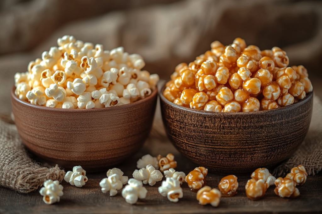 A side-by-side comparison of kettle corn vs caramel corn, highlighting the distinct textures and colors of these popular popcorn snacks.