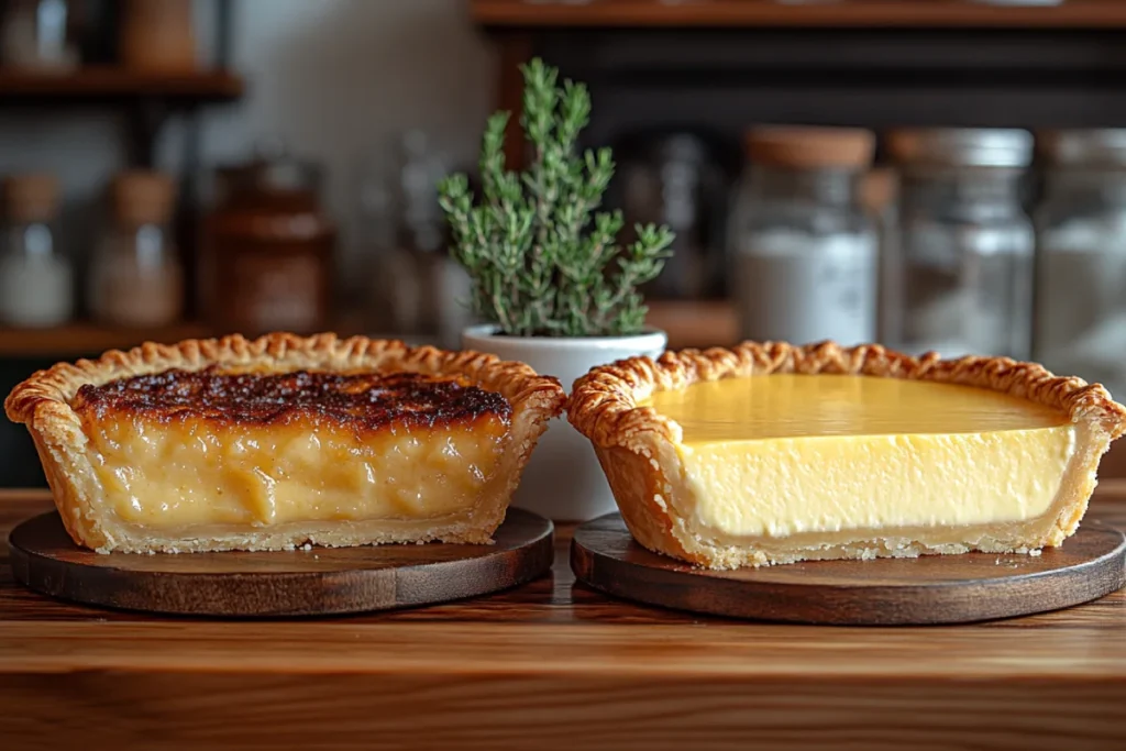 Chess Pie vs Buttermilk Pie displayed side by side on a rustic kitchen counter, showing their distinct textures and crusts. The Chess pie has a darker, caramelized crust and a grainy filling from cornmeal, while the Buttermilk pie features a smooth, creamy custard with a golden-brown top. The image highlights the visual and textural differences between these two Southern desserts.