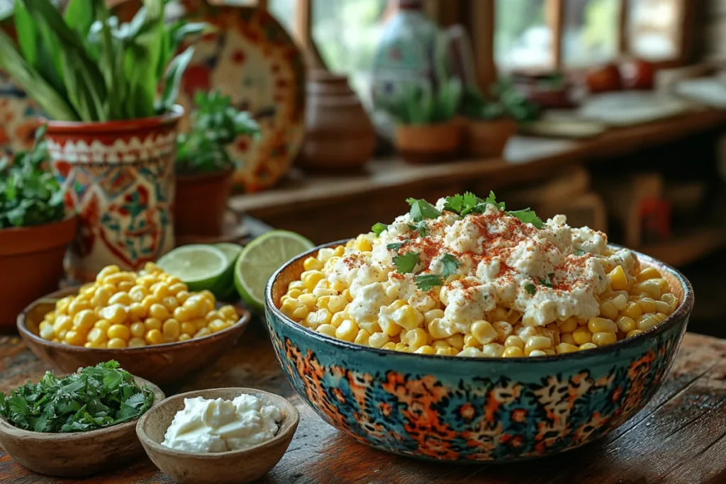 Key differences between corn and Mexican corn, showcasing plain corn with butter and salt beside Mexican corn topped with mayonnaise, Cotija cheese, chili powder, and lime juice.