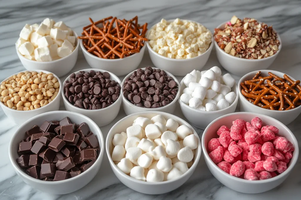 Ingredients for making Crockpot Christmas Crack with Pretzels, including semi-sweet or milk chocolate chips, white chocolate chips, creamy or chunky peanut butter, mini pretzels, salted peanuts, holiday-themed sprinkles, and optional butter. Variations like dried fruits, mini marshmallows, and crushed candy canes are also shown, highlighting the flexibility and customization of Crockpot Christmas Crack with Pretzels.