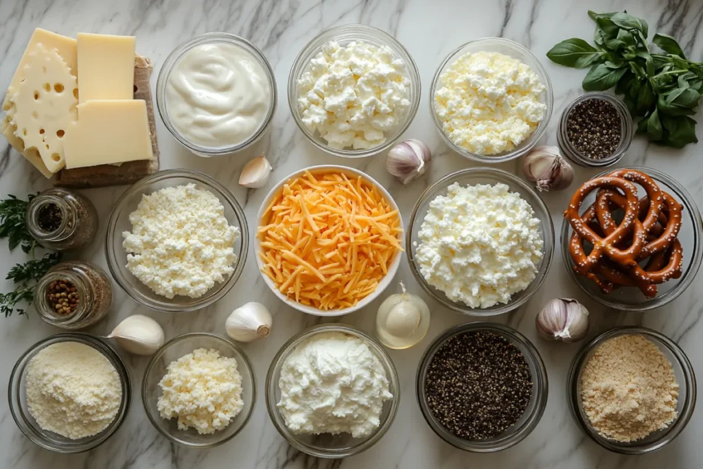 Key ingredients for pretzel cheese dip, including cheddar cheese, mozzarella, Velveeta, milk, heavy cream, butter, flour, cornstarch, garlic powder, salt, pepper, mustard powder, and cayenne pepper, neatly arranged on a kitchen counter. Learn what pretzel cheese dip is made of and how these ingredients work together to create the perfect dip.