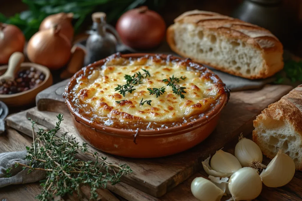 An artistic depiction of the key ingredients of French onion soup, showcasing caramelized yellow onions, melted Gruyère cheese with a golden crust, hearty beef broth, and crusty French baguette, all contributing to the rich, layered flavor that makes French onion soup taste so good.