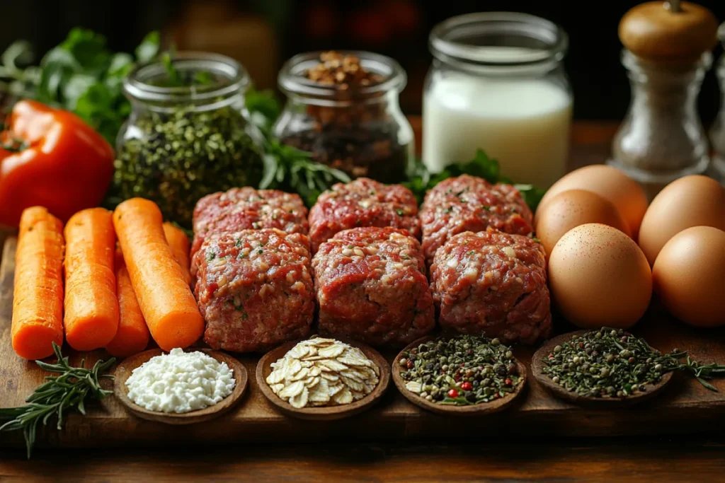 Key ingredients for a juicy meatloaf displayed on a rustic kitchen counter, featuring a blend of ground beef, pork, and veal, along with breadcrumbs soaked in milk, eggs, and fresh vegetables like onions and carrots. The scene highlights the moisture-enhancing fillers and seasonings, showcasing the secrets to juicy meatloaf.