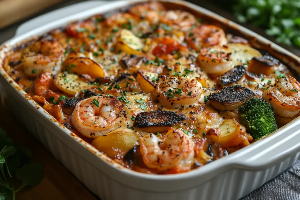 An image illustrating the key ingredients in casseroles and layering for success, featuring a beautifully layered dish with proteins like chicken, tofu, and shrimp, fresh vegetables, pasta, and potatoes. The casserole is topped with cheese, breadcrumbs, and herbs, highlighting the balance of flavors and textures that are essential for a perfect casserole.