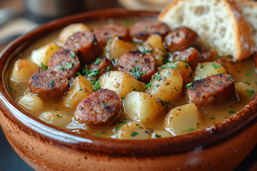 A steaming bowl of kielbasa potato soup with chunks of smoked sausage, potatoes, and vegetables, served in a rustic kitchen setting.