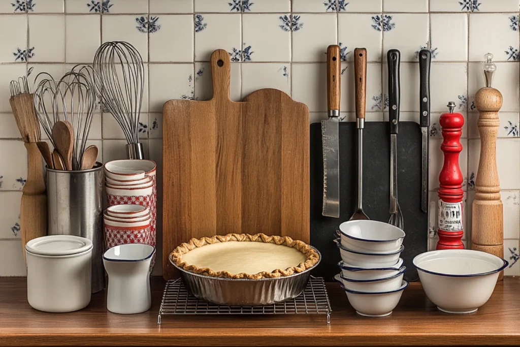 A collection of kitchen tools for making buttermilk pie recipe, arranged on a countertop: a set of mixing bowls, a whisk, measuring cups and spoons, a 9-inch pie dish (glass, ceramic, or metal), a rolling pin, a pastry cutter or food processor, a baking sheet, and a cooling rack. The items are neatly organized, with a warm kitchen ambiance in the background.