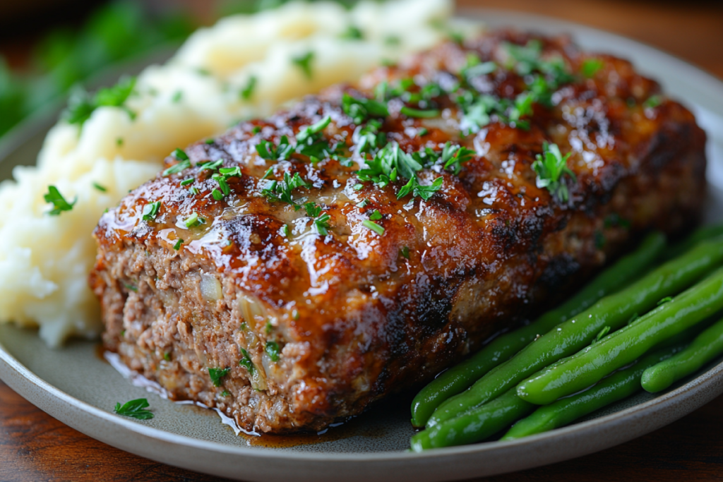 A slice of Lipton Onion Soup Meatloaf garnished with fresh parsley, served with mashed potatoes and green beans on a rustic wooden table.