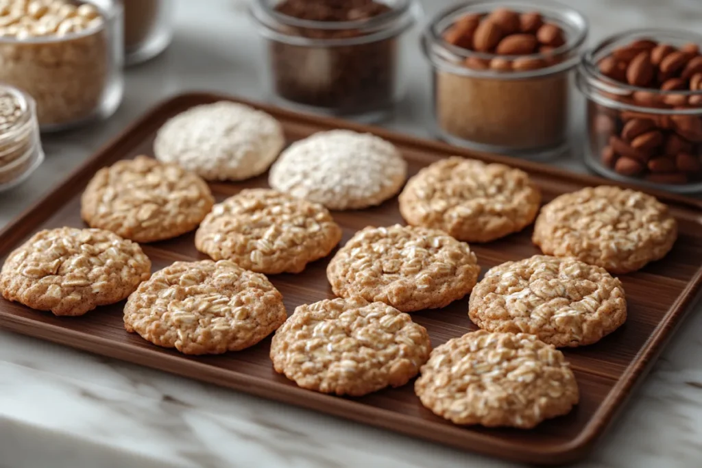 A display of diabetes-friendly oatmeal cookie ingredients, including rolled oats, almond flour, stevia, applesauce, flaxseeds, chopped nuts, and cinnamon, alongside freshly baked oatmeal cookies. Discover how these alternatives help answer: Do Oatmeal Cookies Raise Blood Sugar?