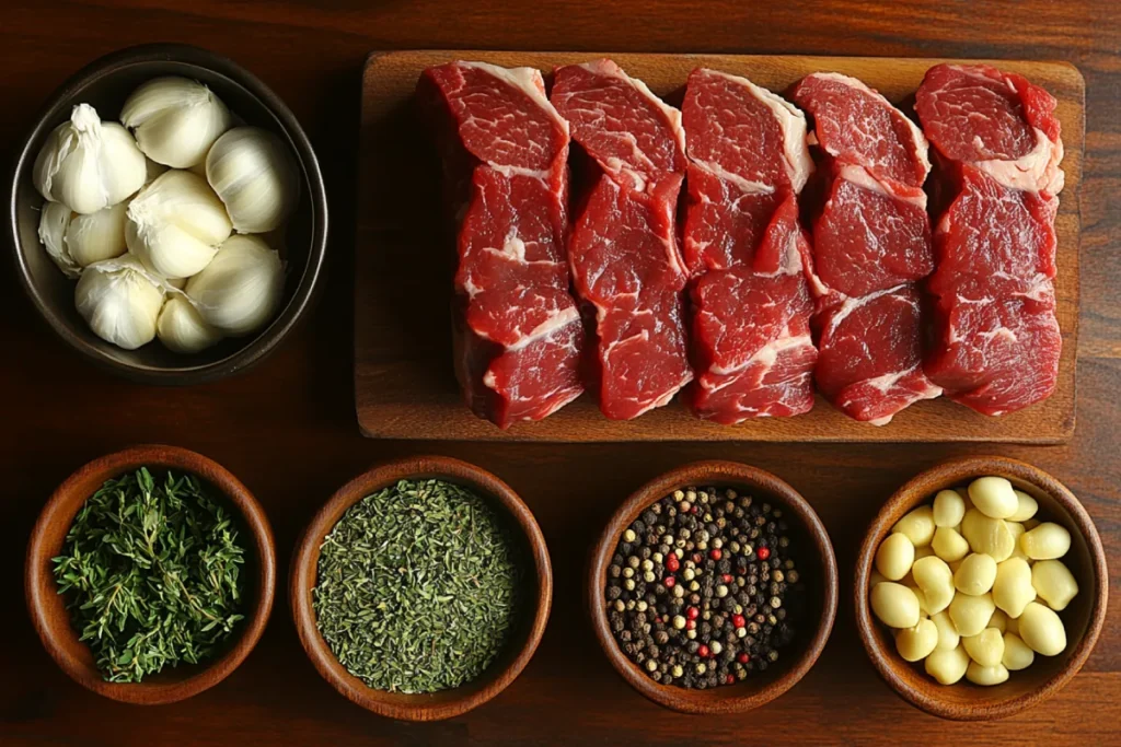 Ingredients for marinating prime rib, including red wine, olive oil, minced garlic, soy sauce, thyme, and black pepper, arranged on a wooden countertop, showcasing the vibrant colors and textures of the marinade components.