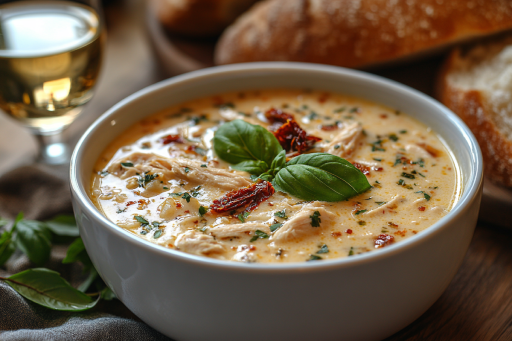 A bowl of creamy Marry Me Chicken Soup garnished with fresh basil, Parmesan shavings, and sun-dried tomatoes, served with bread and wine.