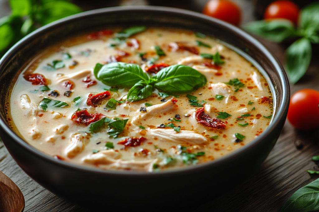 Marry Me Chicken Soup calories: A creamy bowl of chicken soup garnished with fresh basil and sun-dried tomatoes, highlighting its rich flavor and nutritional appeal.