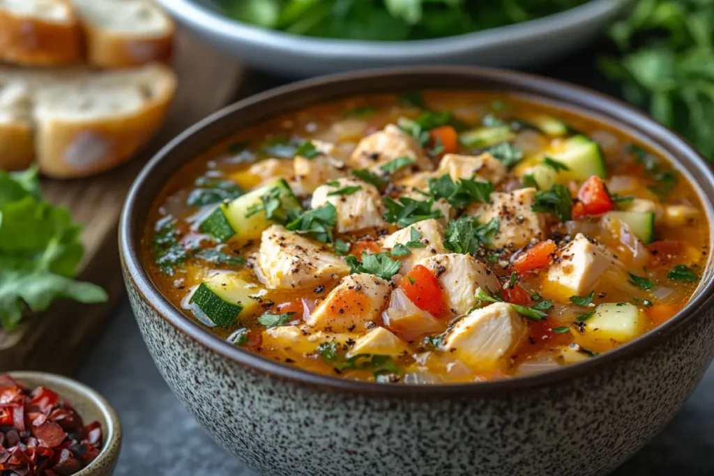 A balanced meal featuring Marry Me Chicken Soup, served with a side of green salad, whole-grain bread, and low-carb vegetables like zucchini and spinach. This image highlights how Marry Me Chicken Soup can fit into various dietary plans, including weight loss, keto, and balanced eating, by pairing it with healthy sides and portion control.