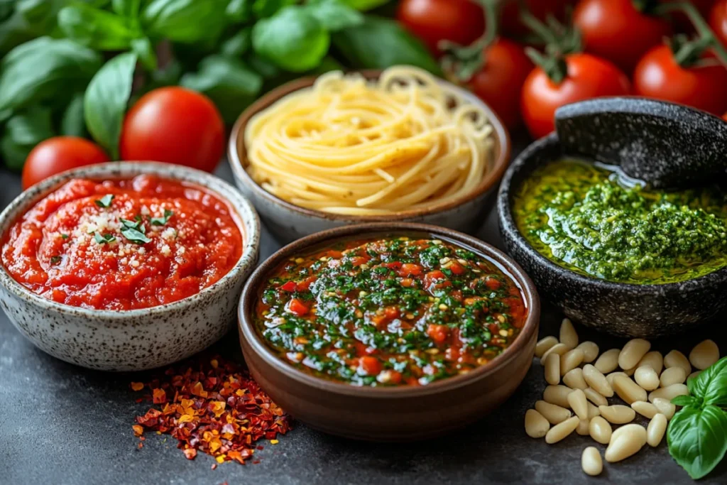 A close-up view of four types of spaghetti sauces—tomato-based marinara, creamy Alfredo, golden Aglio e Olio, and vibrant basil pesto—surrounded by fresh ingredients like tomatoes, basil, garlic, and Parmesan cheese. This image highlights the art of mastering sauces for enhancing spaghetti flavor, showcasing the textures and colors of each sauce in a warm, inviting kitchen setting.