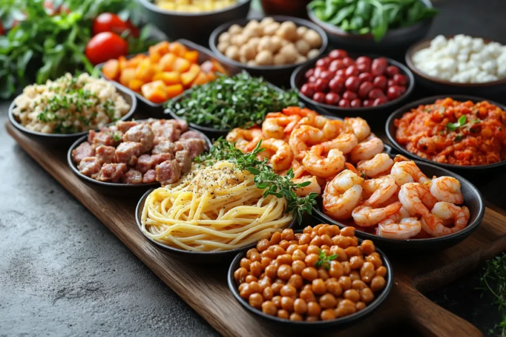 A colorful display of proteins such as ground beef, Italian sausage, shrimp, tofu, lentils, and chickpeas, arranged alongside various sauces for spaghetti dishes. The image highlights different protein options like ground beef for Bolognese, seafood like shrimp and clams, and plant-based choices like tofu and lentils, showing how to enhance spaghetti flavor with these ingredients.