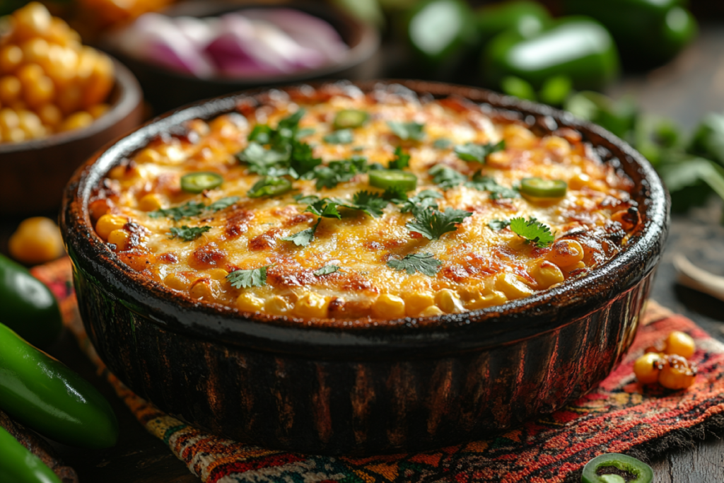 A freshly baked Mexican corn casserole in a rustic dish, topped with melted cheese and cilantro, surrounded by corn and jalapeños on a vibrant tablecloth.