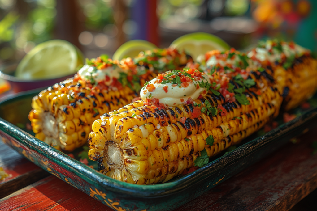 Freshly grilled Mexican corn topped with mayonnaise, cheese, chili powder, lime, and Tajín, showcasing traditional Mexican corn toppings.