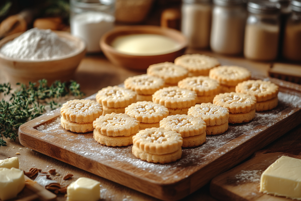 Freshly baked shortbread cookies on a wooden tray with baking ingredients, highlighting common mistakes in making shortbread.