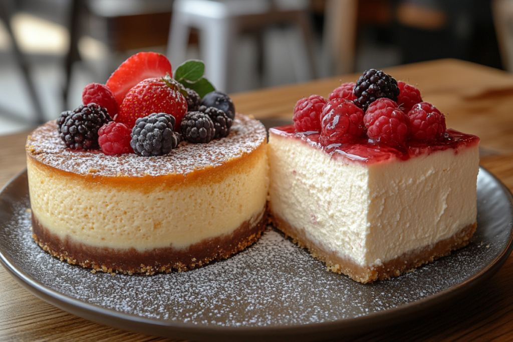 Comparison of New York style cheesecake vs. regular cheesecake, showing a dense, creamy New York cheesecake with a golden crust next to a light, airy regular cheesecake topped with fresh fruit.