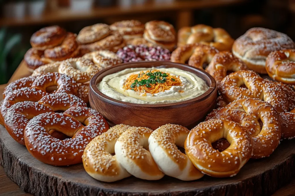 A variety of pretzels, including soft pretzels, pretzel bites, hard pretzels, and flavored pretzels, arranged on a serving tray with a warm bowl of cheese dip in the center. The image showcases different types of pretzels paired with cheese dip, offering a variety of textures and flavors for the perfect snack.