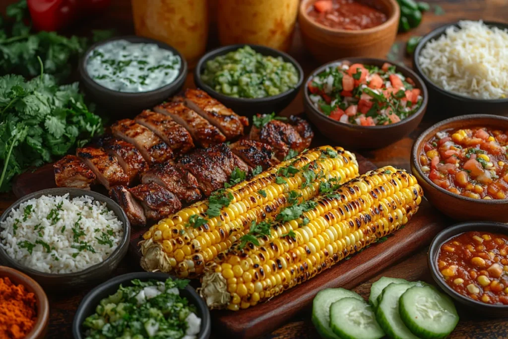 A vibrant table setting featuring Mexican street corn (Elote) paired with agua fresca, Mexican beer, and margaritas. The scene includes tacos, grilled meats like carne asada, chicken, or pork, and a side of rice and beans, showcasing a well-rounded meal that complements the flavors of elote.