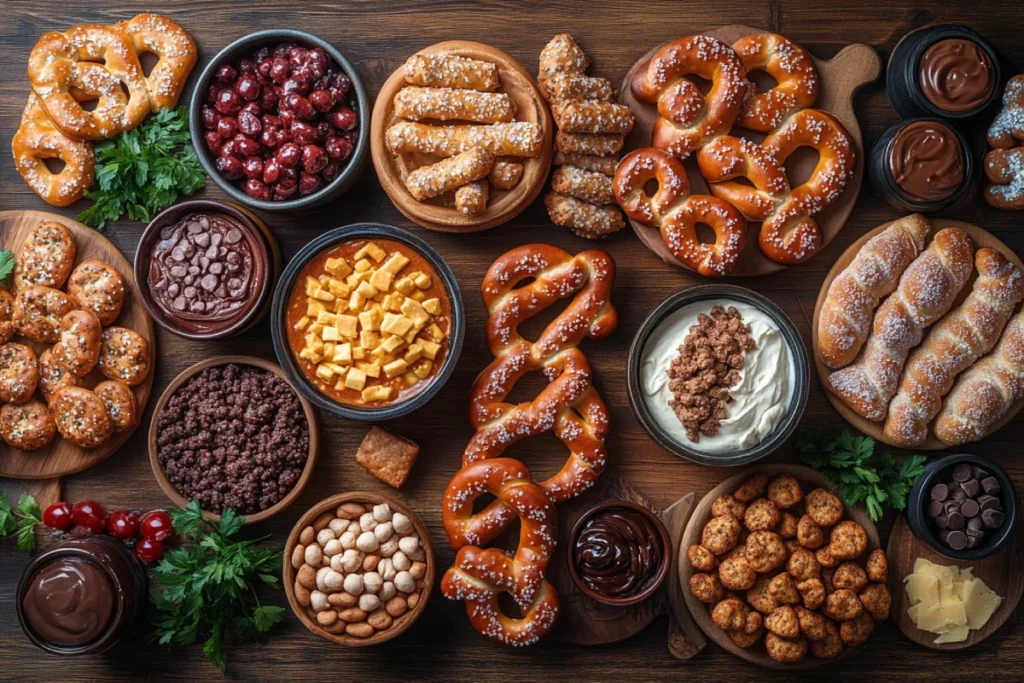 A beautifully arranged food spread highlighting the difference between a Bavarian pretzel and a regular pretzel, featuring beer, mustard, and sausages alongside cheese dip, chocolate sauce, and pretzel-crusted dishes.