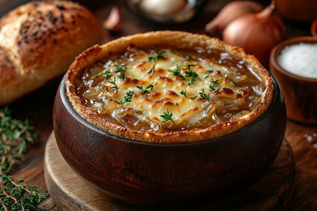 A bowl of Panera French Onion Soup with caramelized onions, melted cheese, and a sourdough bread bowl on a rustic wooden table.