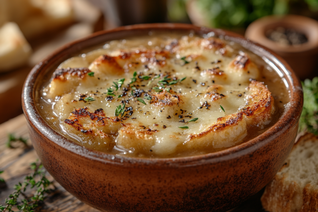 A bowl of Panera French onion soup with melted Gruyère cheese and a toasted crouton, highlighting the dish's warmth and popularity after its removal.