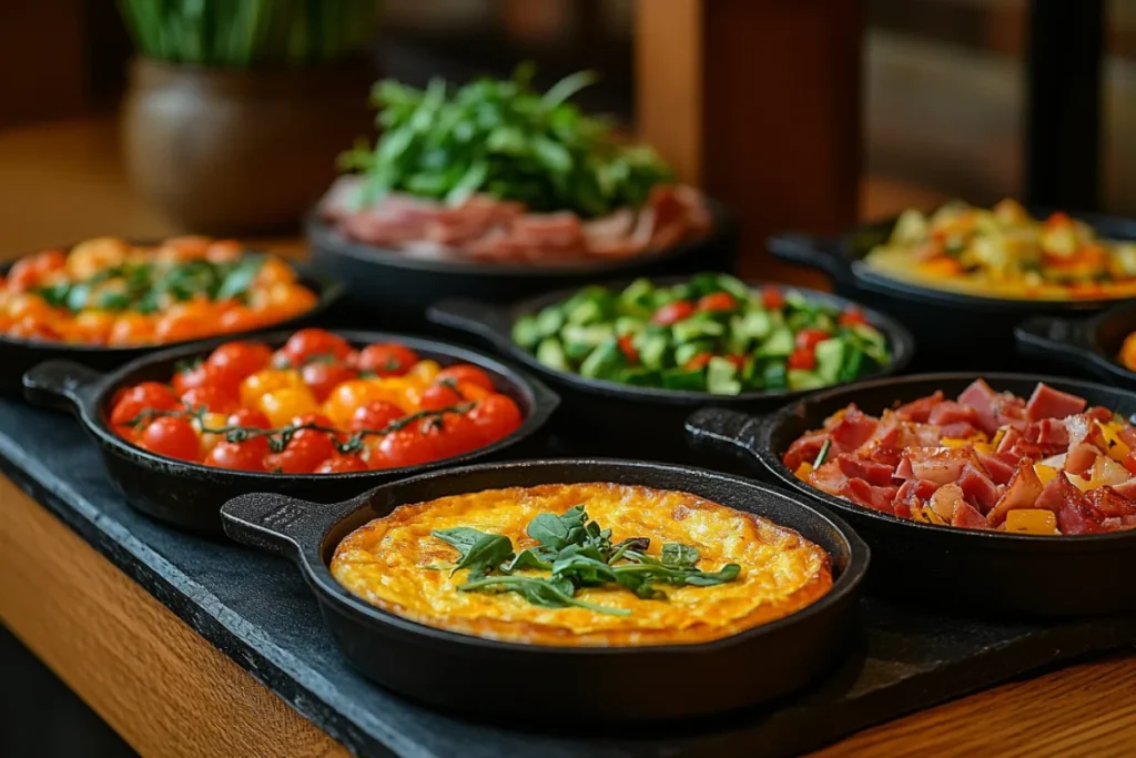 A variety of frittatas including classic vegetable, ham and cheese, and Mediterranean frittata, showcasing the difference between frittata vs breakfast casserole.